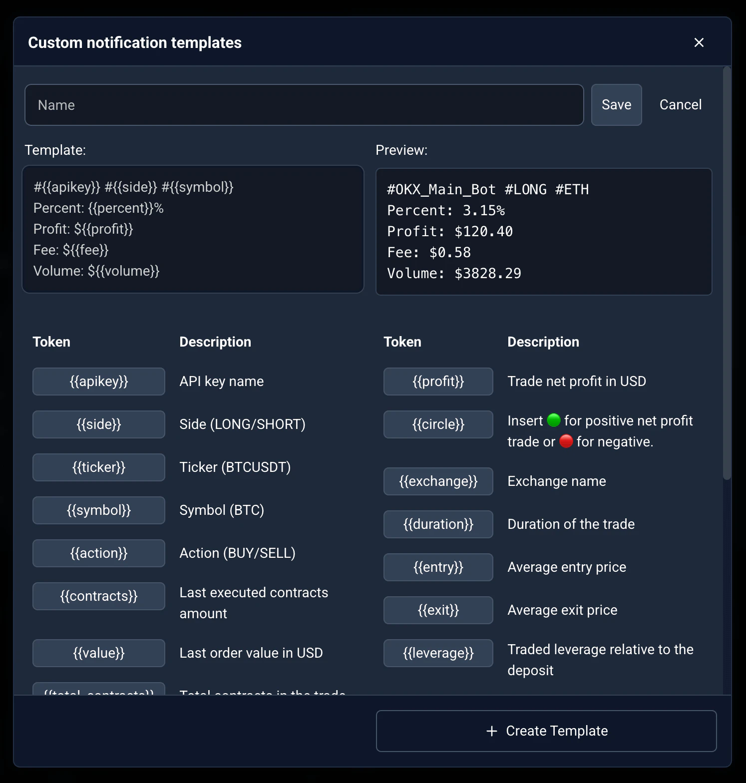 Custom notification template editor with tokens