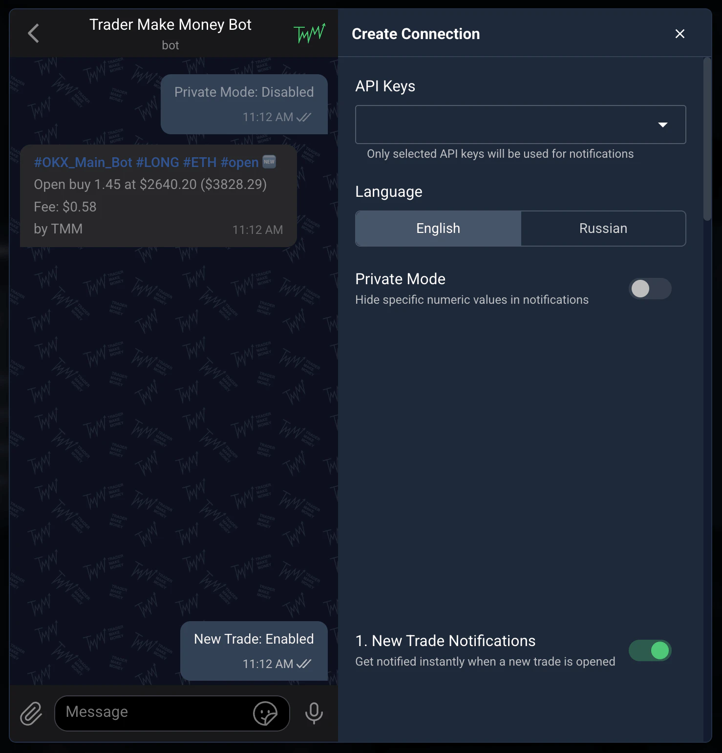 Granular settings: API keys, language, private mode