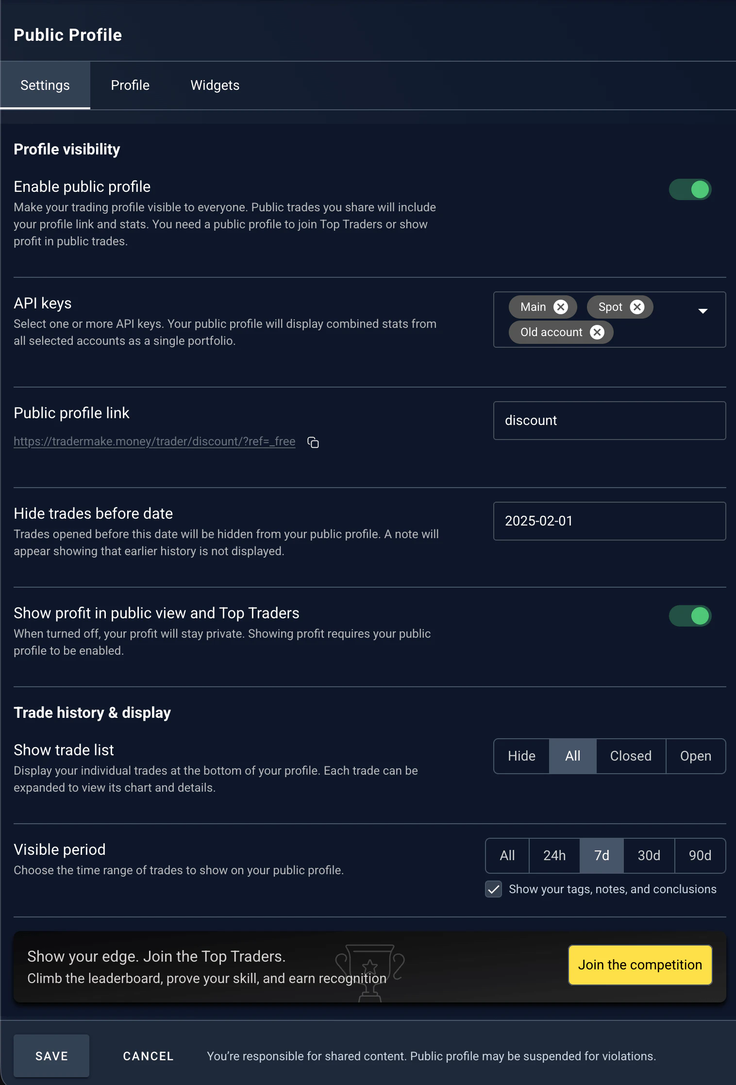 Visibility and data settings for the public profile