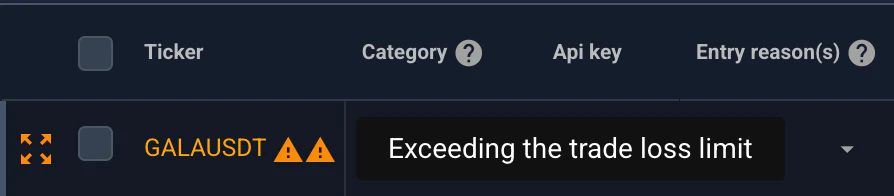 Trade list with a yellow risk-rule violation marker