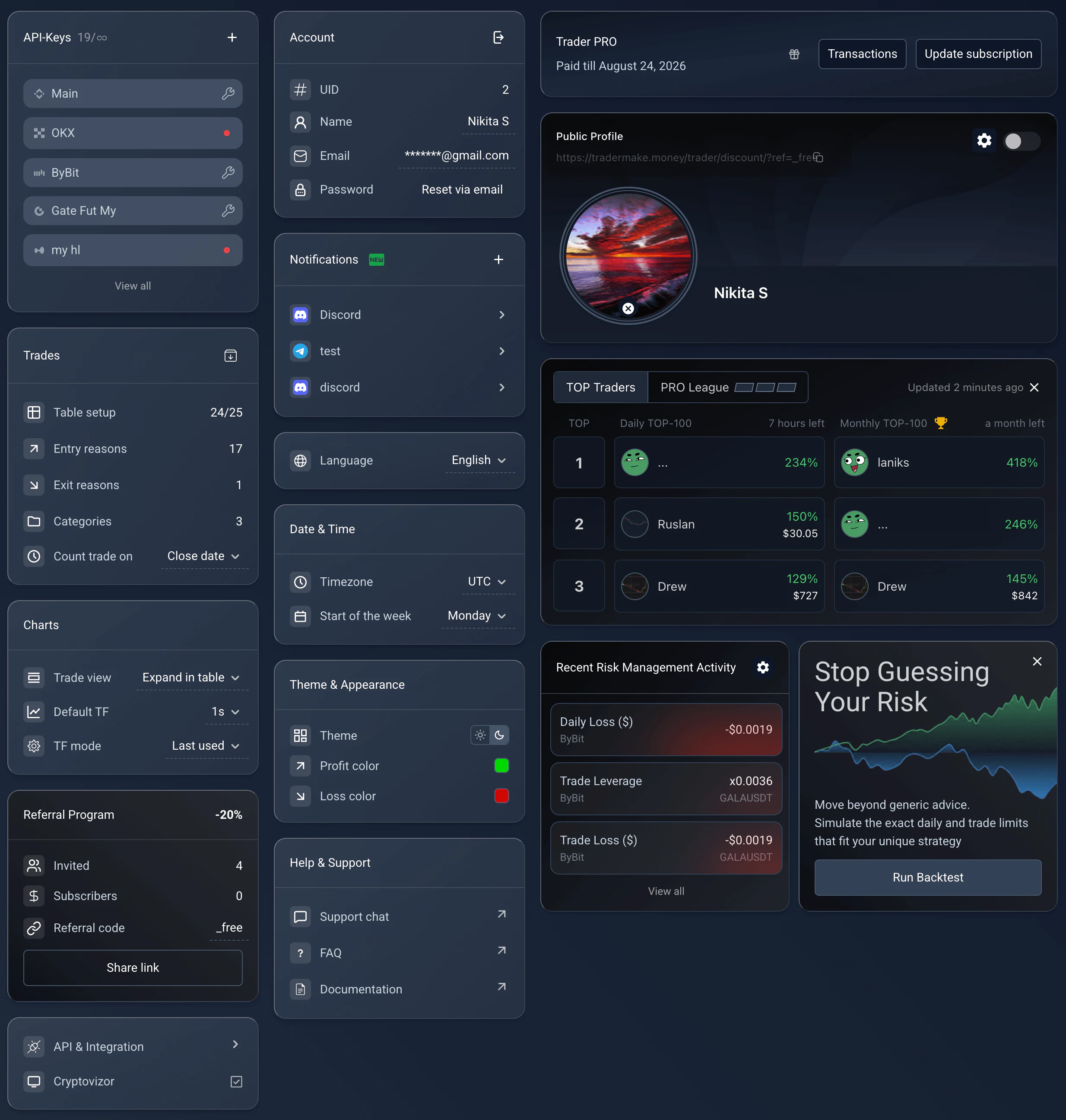 The settings dashboard with modular blocks